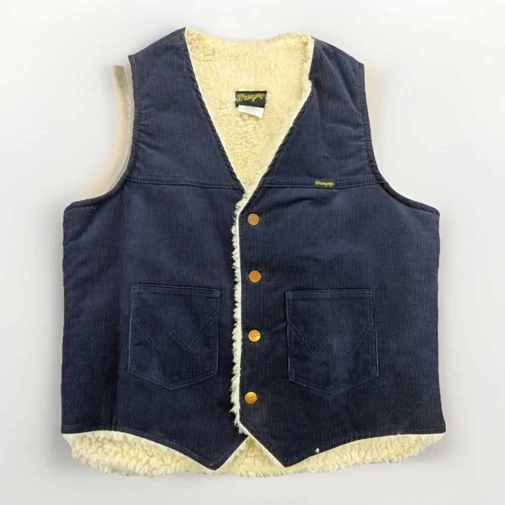Vintage 80’s Wrangler Sherpa Lined Blue Corduroy Vest Men’s Large USA Made
